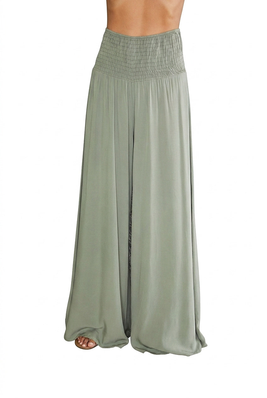 Pantalones de pierna ancha con cintura fruncida para mujer-Pants for woman-Casaluzia