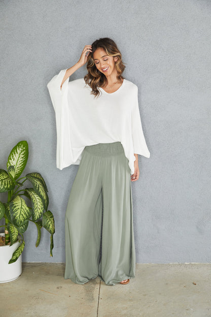 Pantalones de pierna ancha con cintura fruncida para mujer-Pants for woman-Casaluzia