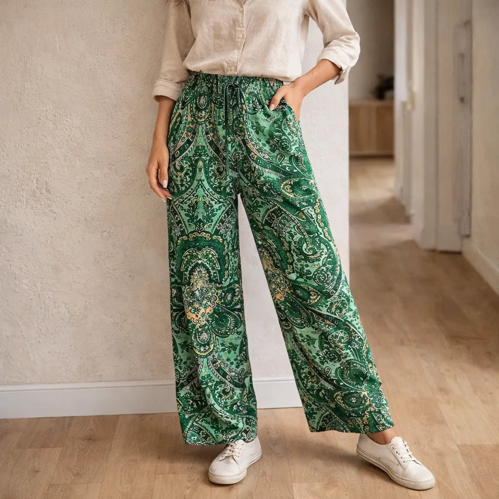 Pantalones de pierna ancha con estampado de cachemira para mujer-Pants for Women-Casaluzia