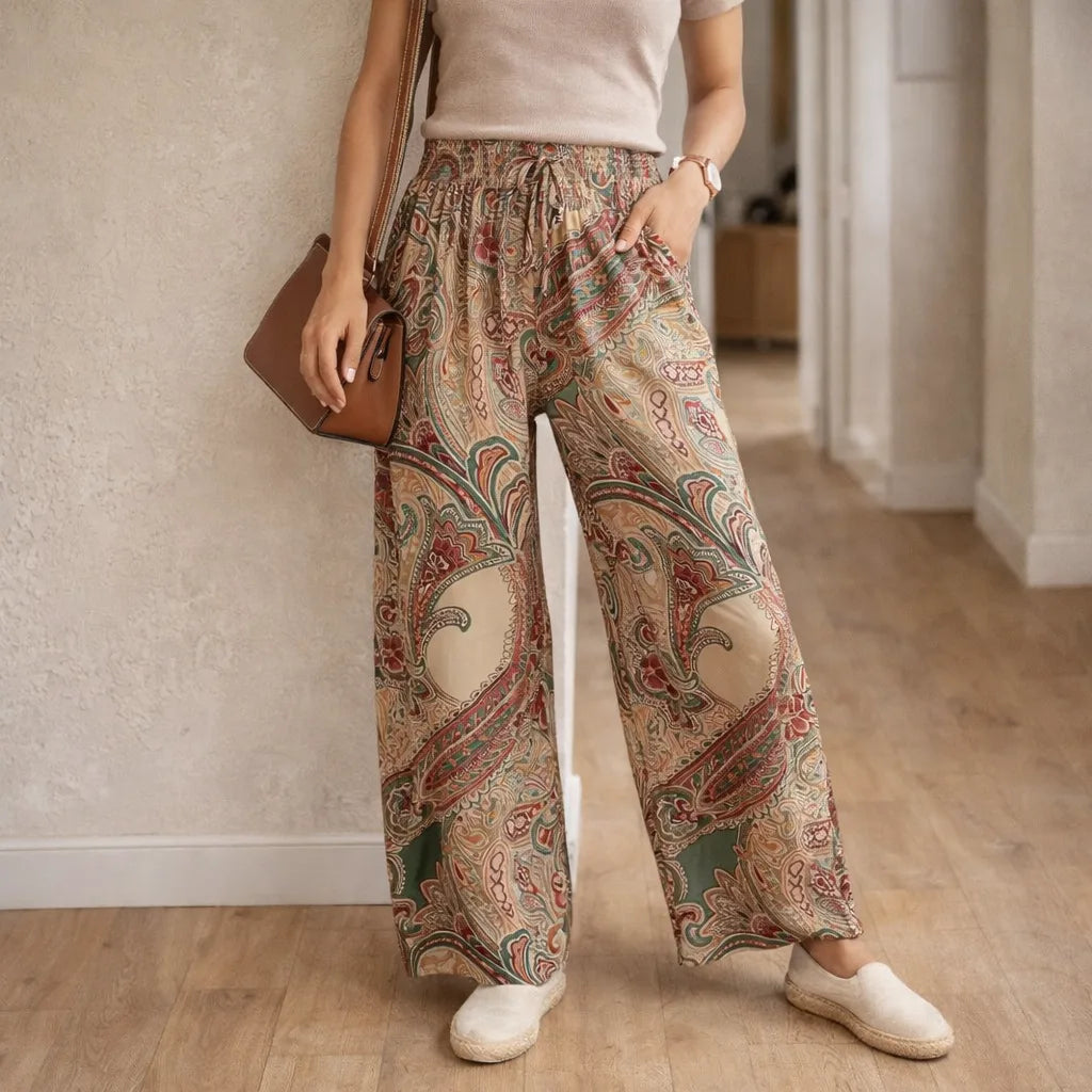 Pantalones de pierna ancha con estampado de cachemira para mujer-Pants for Women-Casaluzia