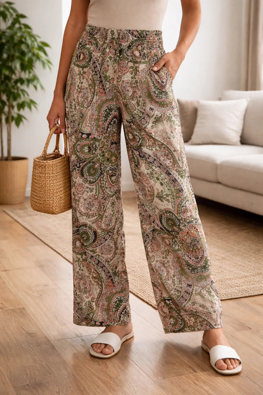 Pantalones de pierna ancha con estampado de cachemira para mujer-Pants for Women-Casaluzia