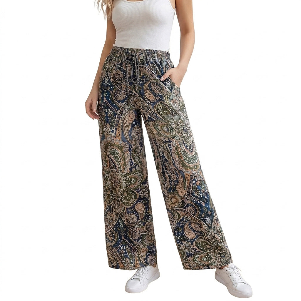 Pantalones de pierna ancha con estampado de cachemira para mujer-Pants for Women-Casaluzia