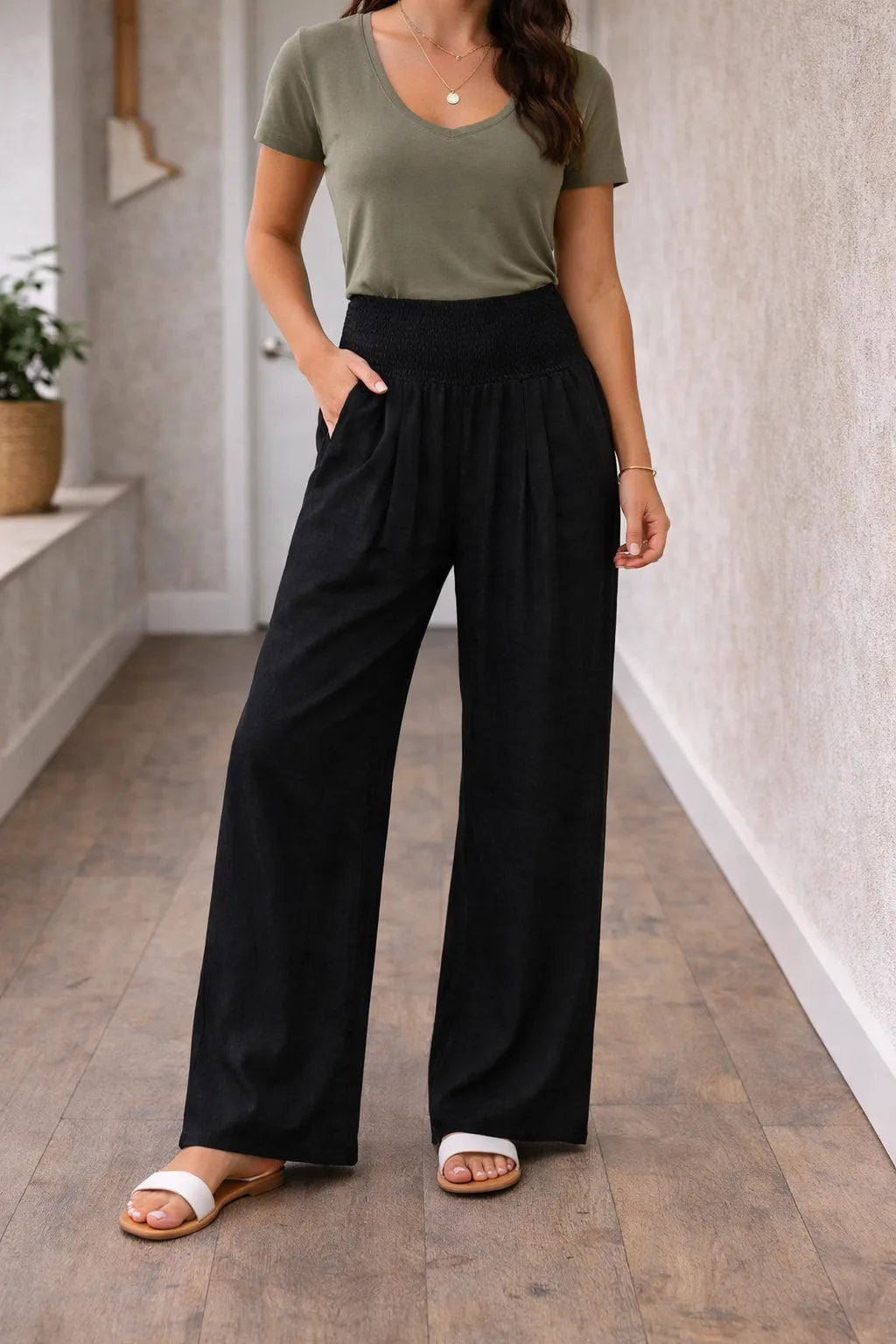 Pantalones de pierna ancha para mujer con cintura fruncida-Pants for Women-Casaluzia