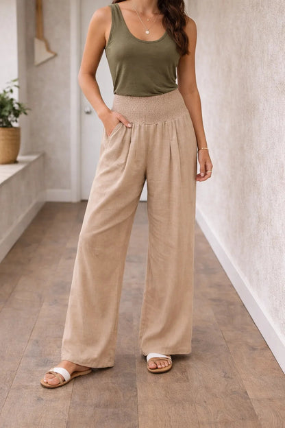 Pantalones de pierna ancha para mujer con cintura fruncida-Pants for Women-Casaluzia