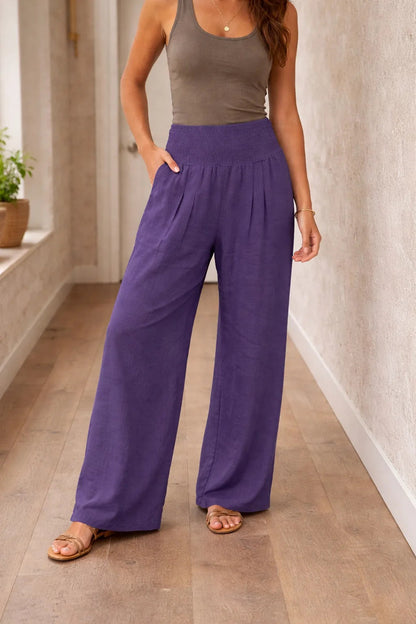 Pantalones de pierna ancha para mujer con cintura fruncida-Pants for Women-Casaluzia