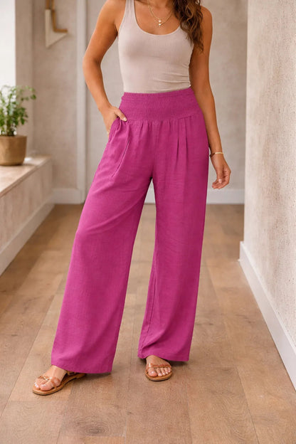 Pantalones de pierna ancha para mujer con cintura fruncida-Pants for Women-Casaluzia
