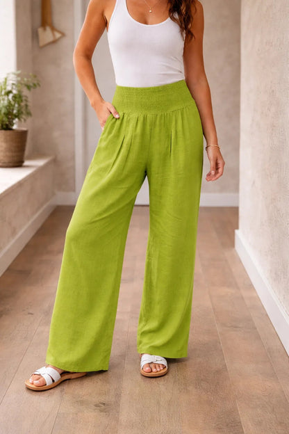 Pantalones de pierna ancha para mujer con cintura fruncida-Pants for Women-Casaluzia