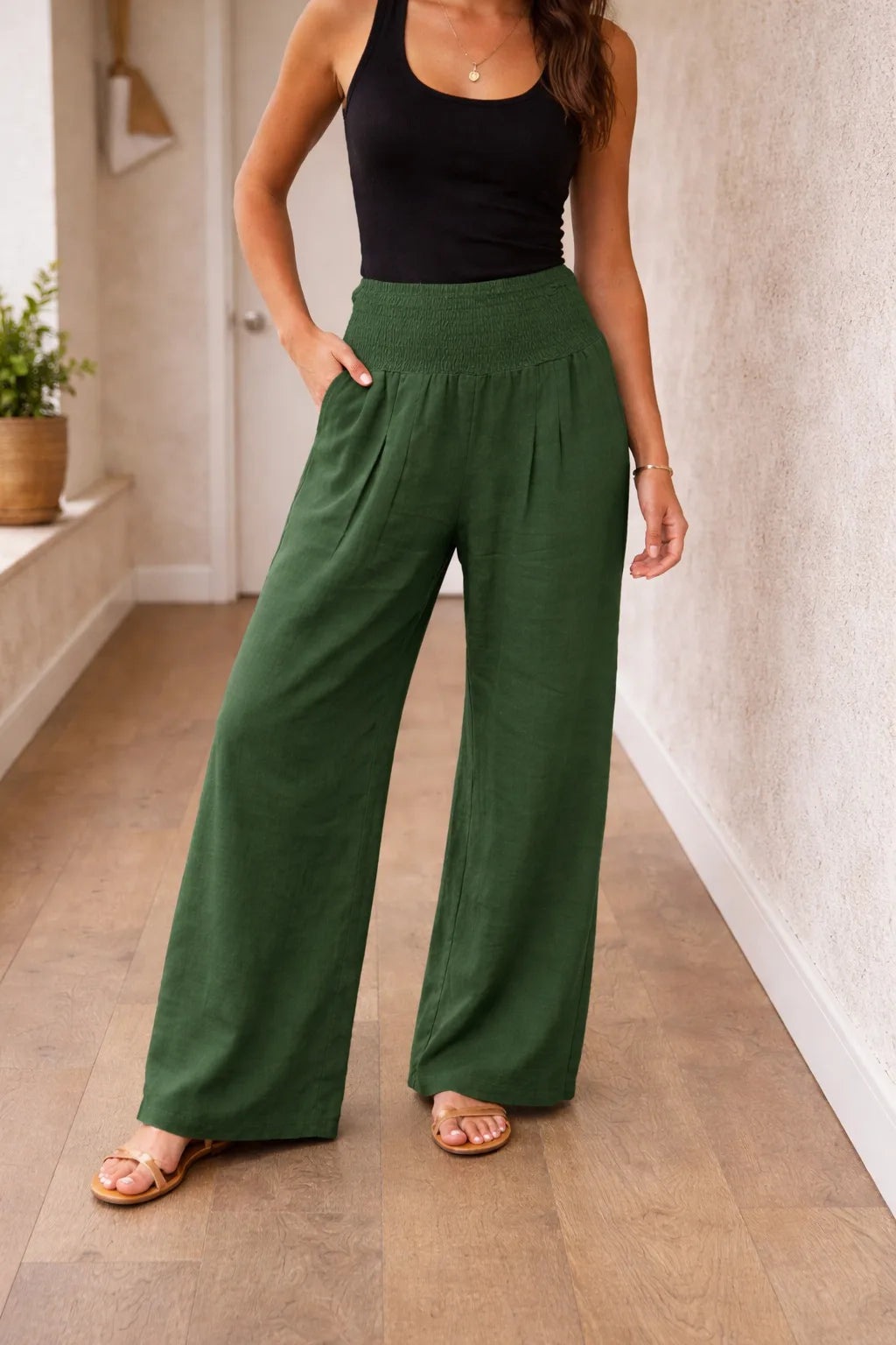 Pantalones de pierna ancha para mujer con cintura fruncida-Pants for Women-Casaluzia