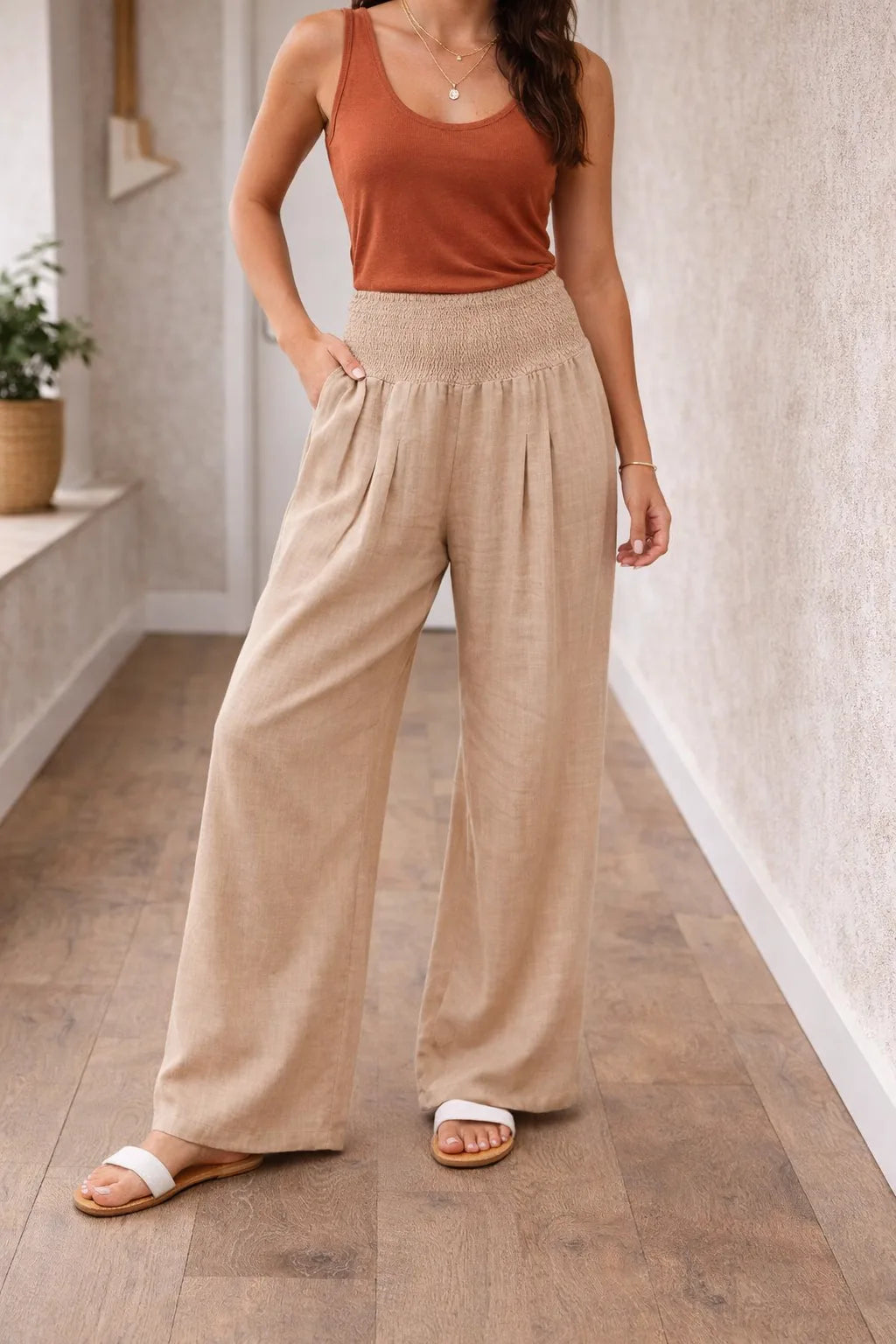 Pantalones de pierna ancha para mujer con cintura fruncida-Pants for Women-Casaluzia