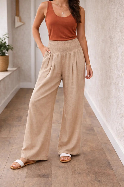 Pantalones de pierna ancha para mujer con cintura fruncida-Pants for Women-Casaluzia