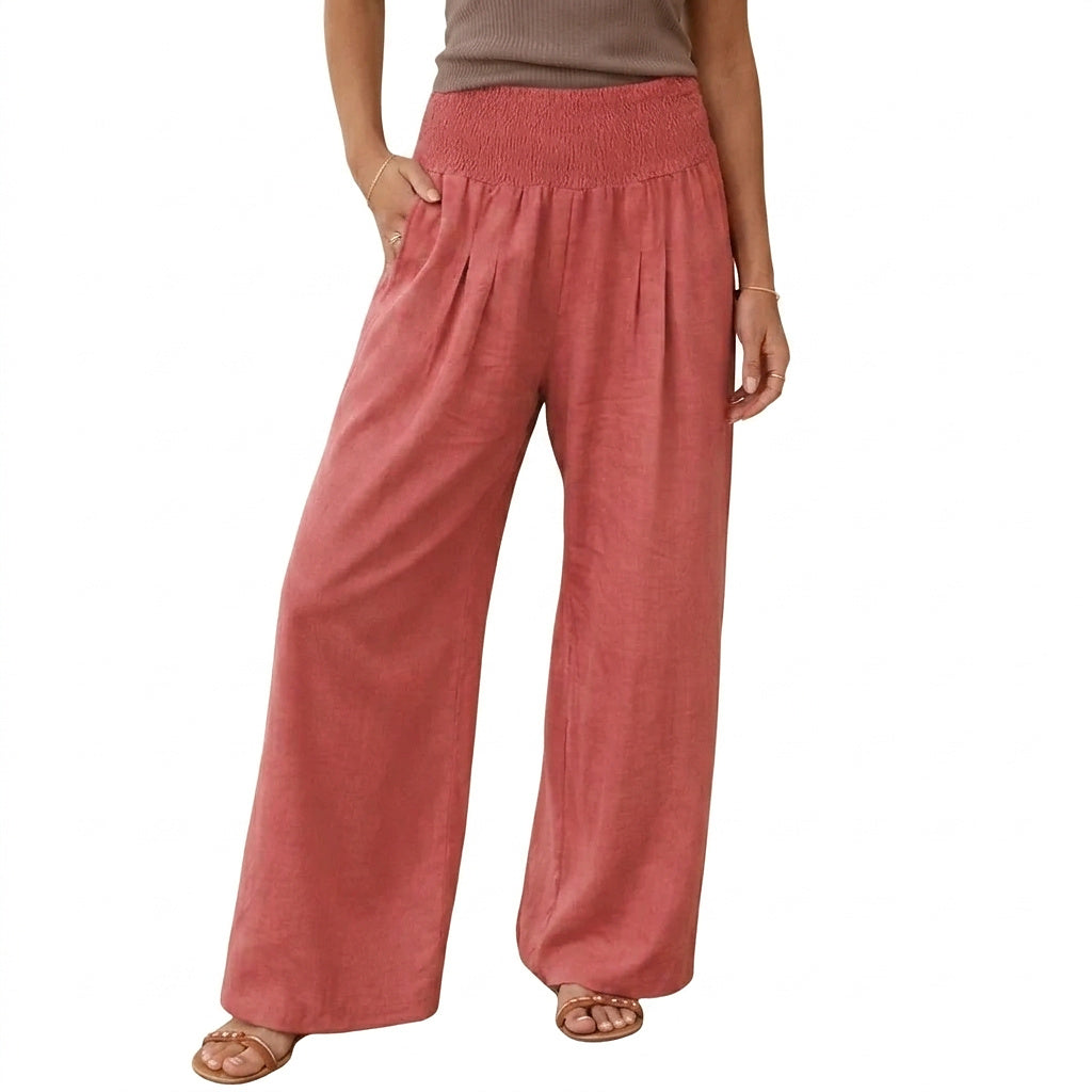 Pantalones de pierna ancha para mujer con cintura fruncida-Pants for Women-Casaluzia