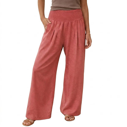 Pantalones de pierna ancha para mujer con cintura fruncida-Pants for Women-Casaluzia