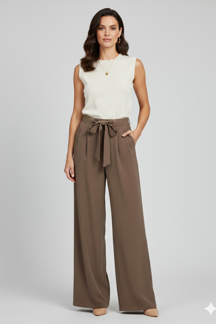 Pantalones de pierna ancha para mujer con cinturón de lazo-Pants for Women-Casaluzia