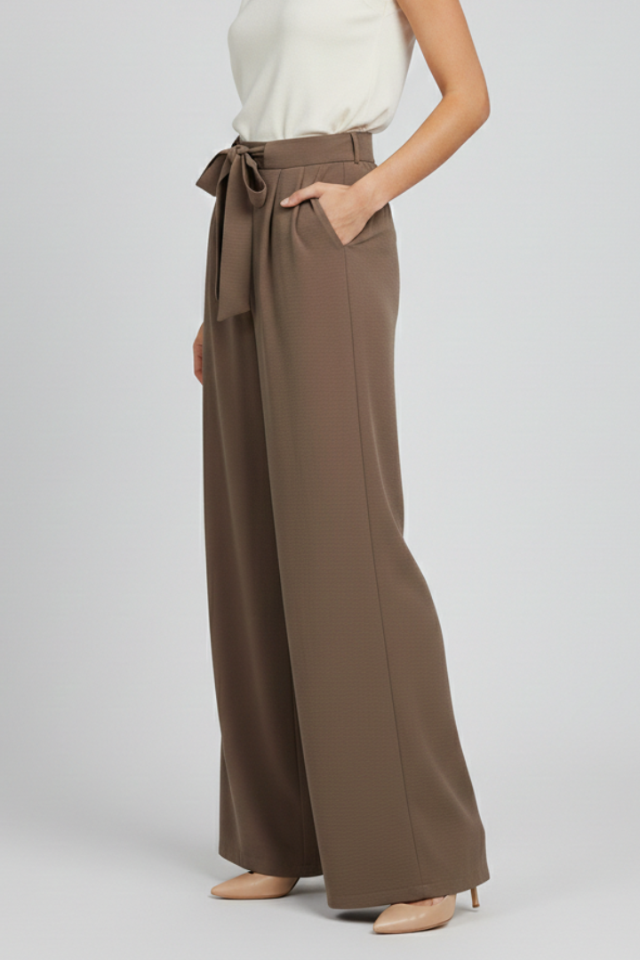 Pantalones de pierna ancha para mujer con cinturón de lazo-Pants for Women-Casaluzia