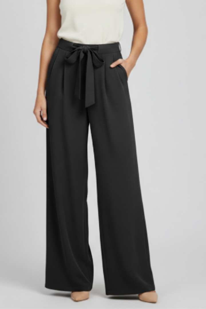 Pantalones de pierna ancha para mujer con cinturón de lazo-Pants for Women-Casaluzia