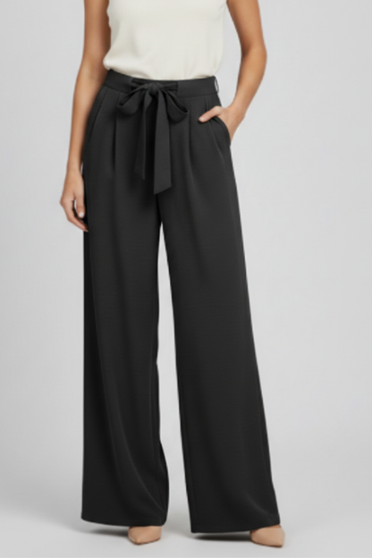 Pantalones de pierna ancha para mujer con cinturón de lazo-Pants for Women-Casaluzia