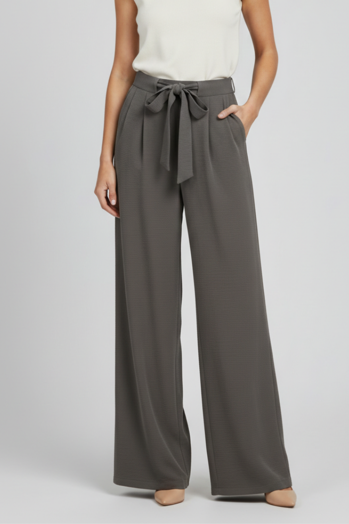 Pantalones de pierna ancha para mujer con cinturón de lazo-Pants for Women-Casaluzia