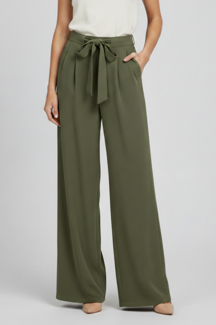 Pantalones de pierna ancha para mujer con cinturón de lazo-Pants for Women-Casaluzia