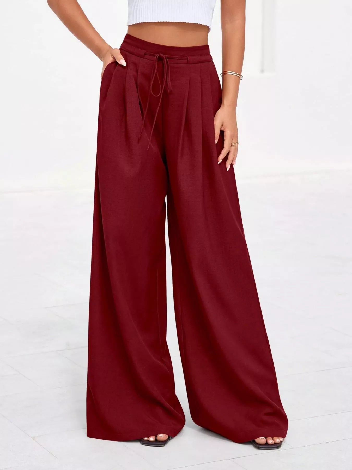 Pantalones de pierna ancha y cintura alta con pliegues para mujer-Pants for Women-Casaluzia