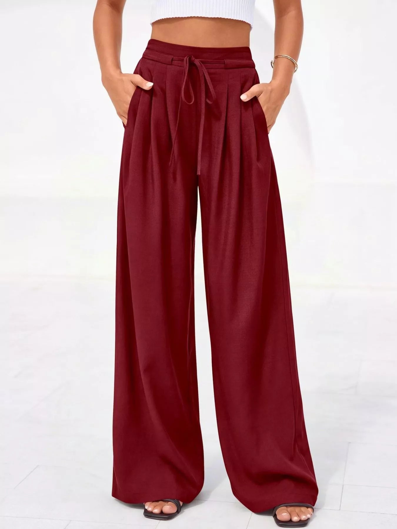 Pantalones de pierna ancha y cintura alta con pliegues para mujer-Pants for Women-Casaluzia
