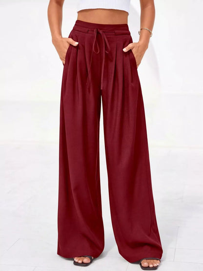 Pantalones de pierna ancha y cintura alta con pliegues para mujer-Pants for Women-Casaluzia