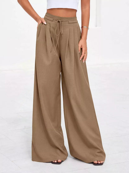 Pantalones de pierna ancha y cintura alta con pliegues para mujer-Pants for Women-Casaluzia
