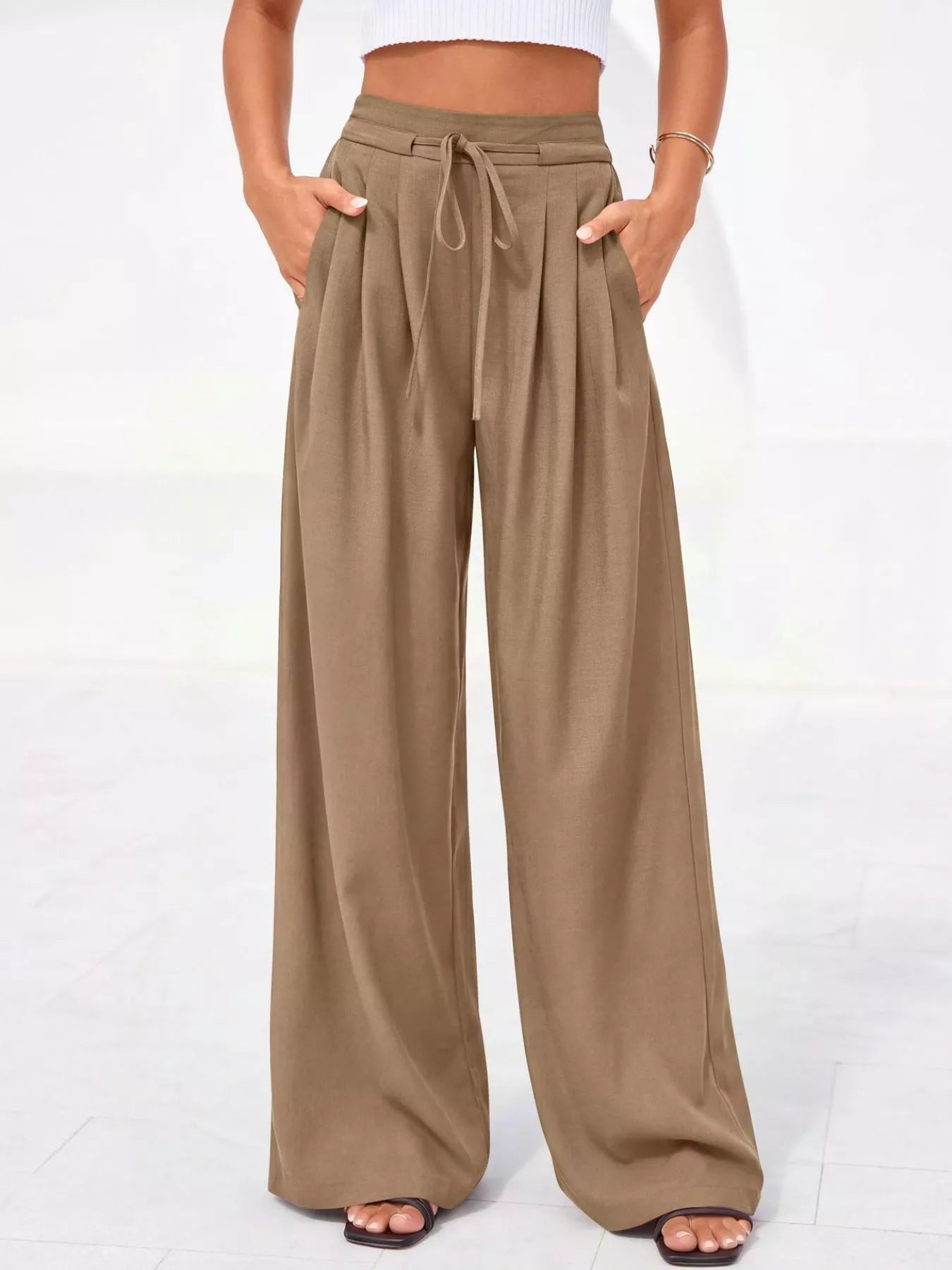 Pantalones de pierna ancha y cintura alta con pliegues para mujer-Pants for Women-Casaluzia