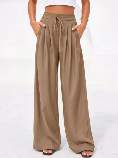 Pantalones de pierna ancha y cintura alta con pliegues para mujer-Pants for Women-Casaluzia