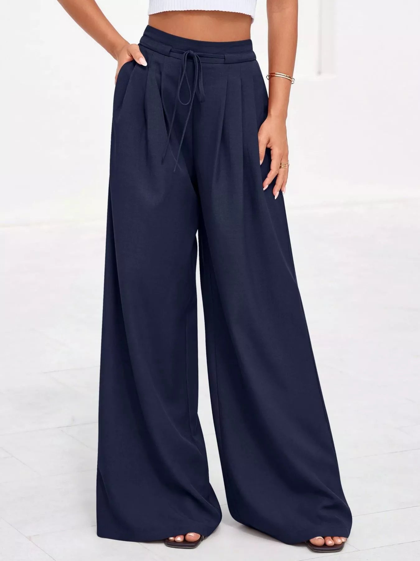 Pantalones de pierna ancha y cintura alta con pliegues para mujer-Pants for Women-Casaluzia