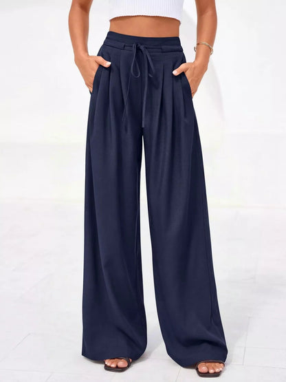 Pantalones de pierna ancha y cintura alta con pliegues para mujer-Pants for Women-Casaluzia