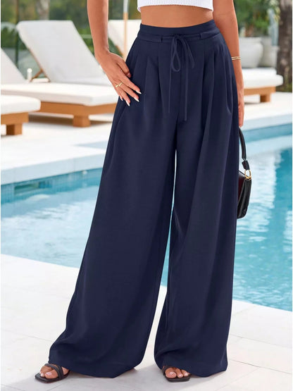 Pantalones de pierna ancha y cintura alta con pliegues para mujer-Pants for Women-Casaluzia
