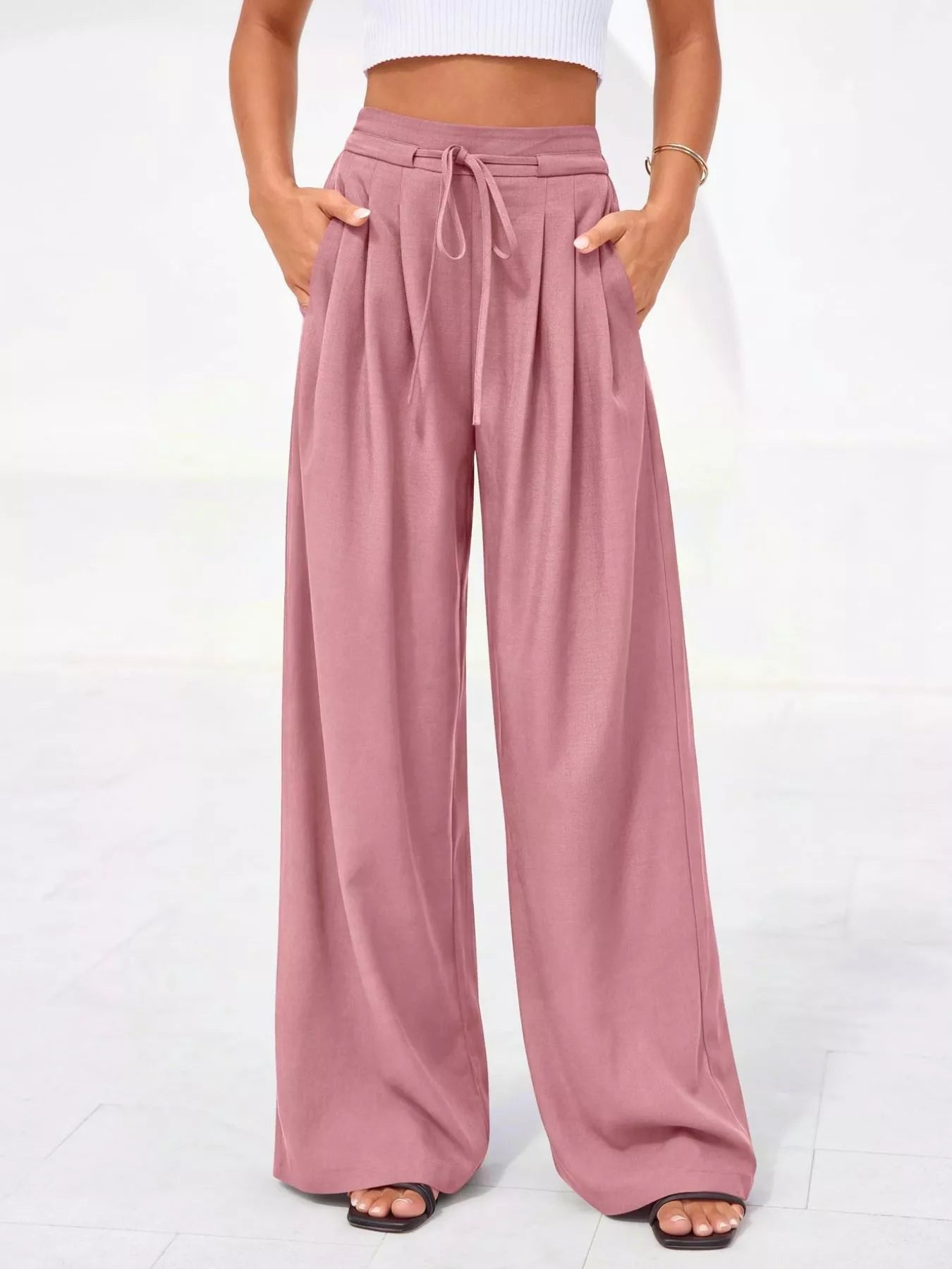 Pantalones de pierna ancha y cintura alta con pliegues para mujer-Pants for Women-Casaluzia