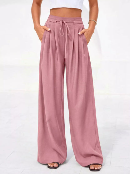 Pantalones de pierna ancha y cintura alta con pliegues para mujer-Pants for Women-Casaluzia