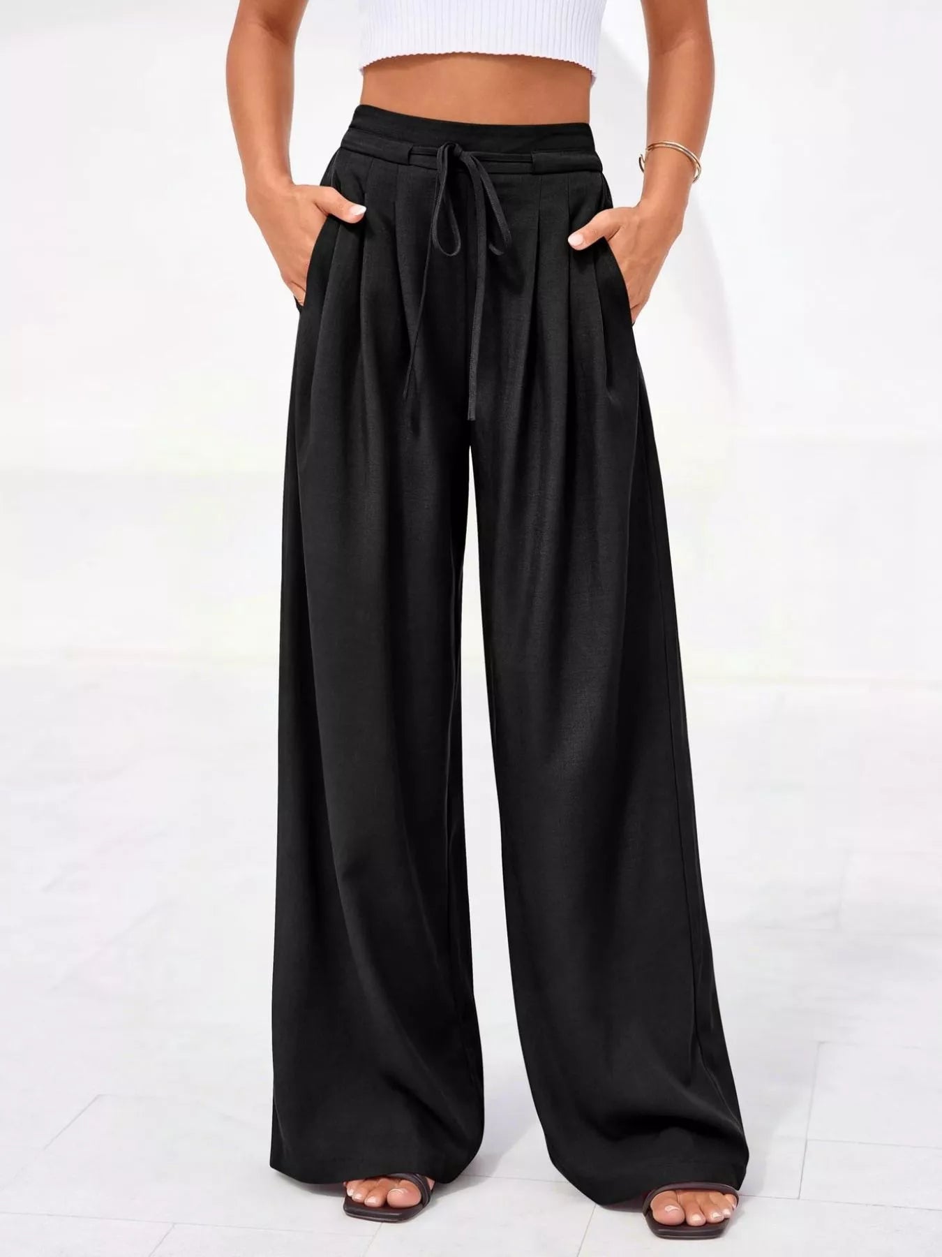 Pantalones de pierna ancha y cintura alta con pliegues para mujer-Pants for Women-Casaluzia
