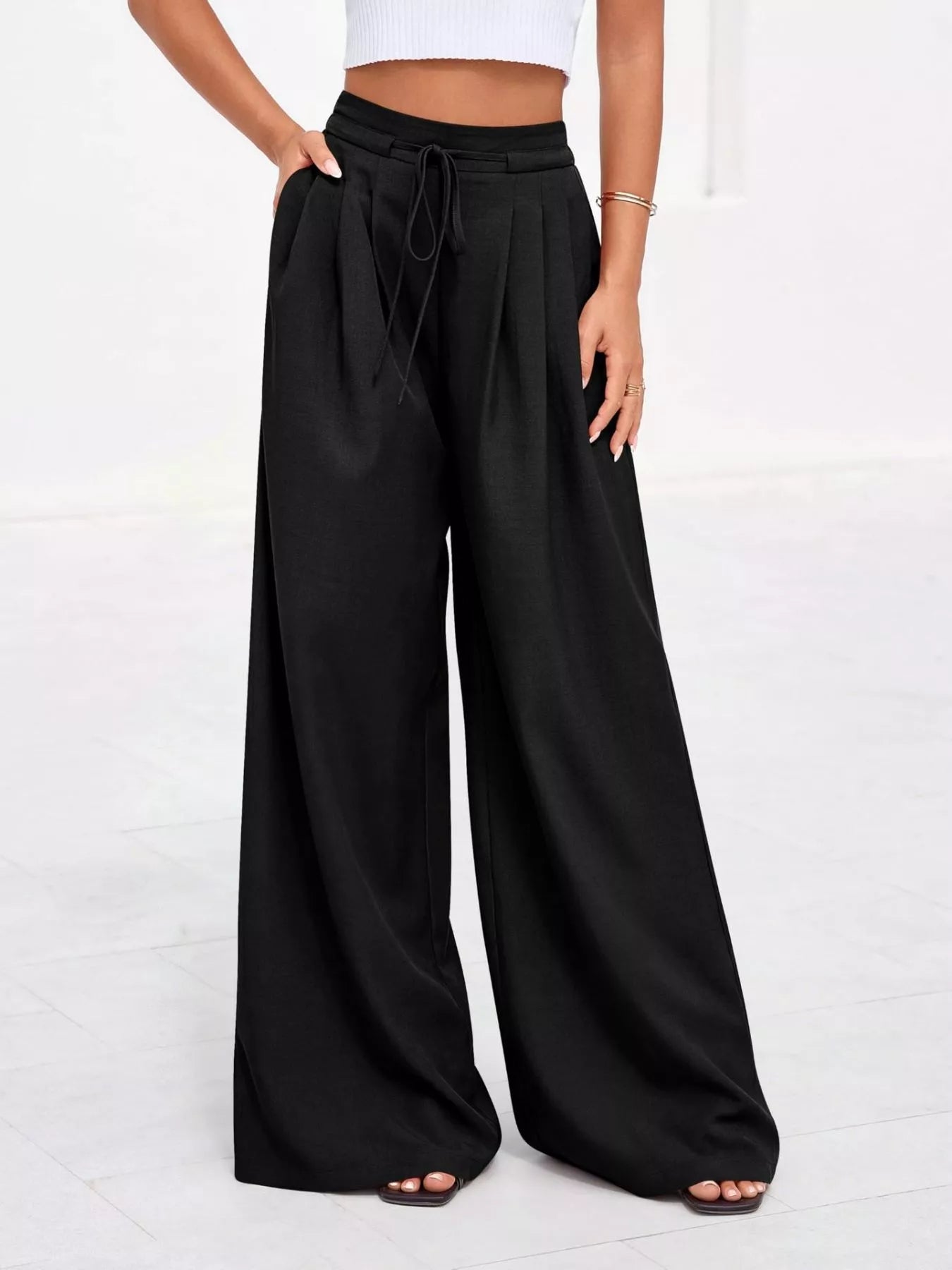 Pantalones de pierna ancha y cintura alta con pliegues para mujer-Pants for Women-Casaluzia