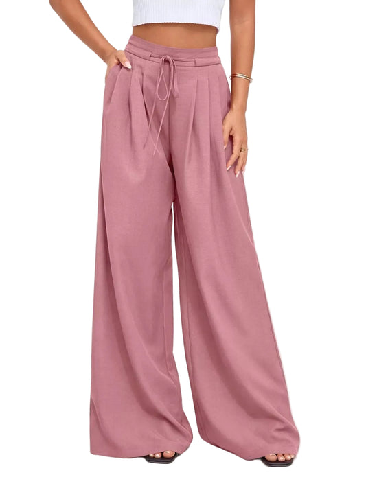 Pantalones de pierna ancha y cintura alta con pliegues para mujer-Pants for Women-Casaluzia