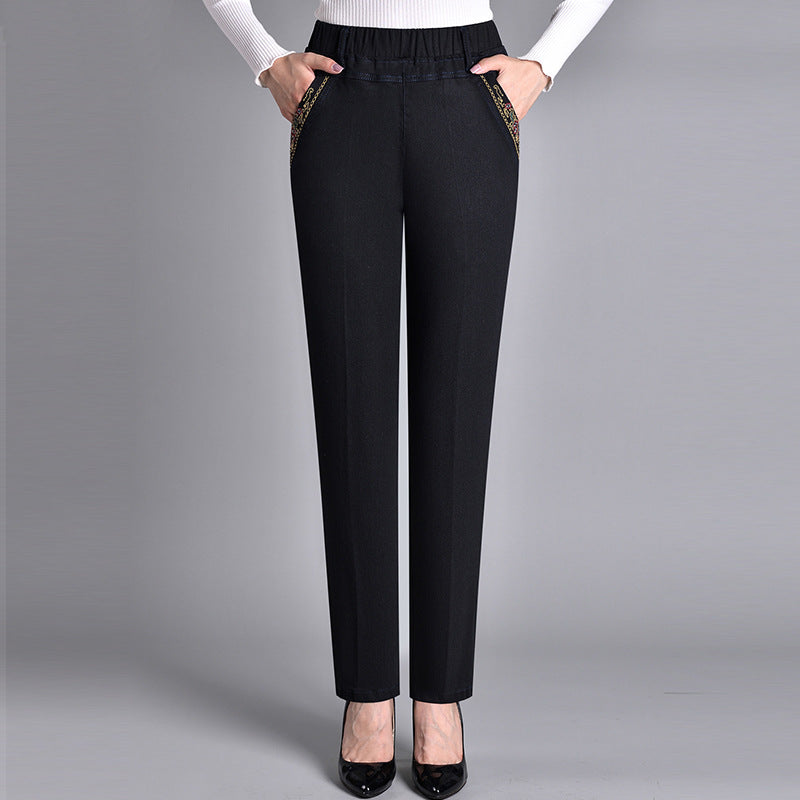 Pantalones de pierna recta para mujer con cintura elástica-Pants for Women-Casaluzia
