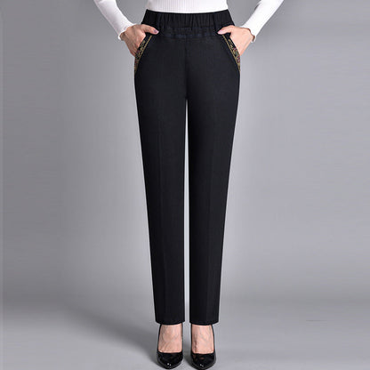 Pantalones de pierna recta para mujer con cintura elástica-Pants for Women-Casaluzia