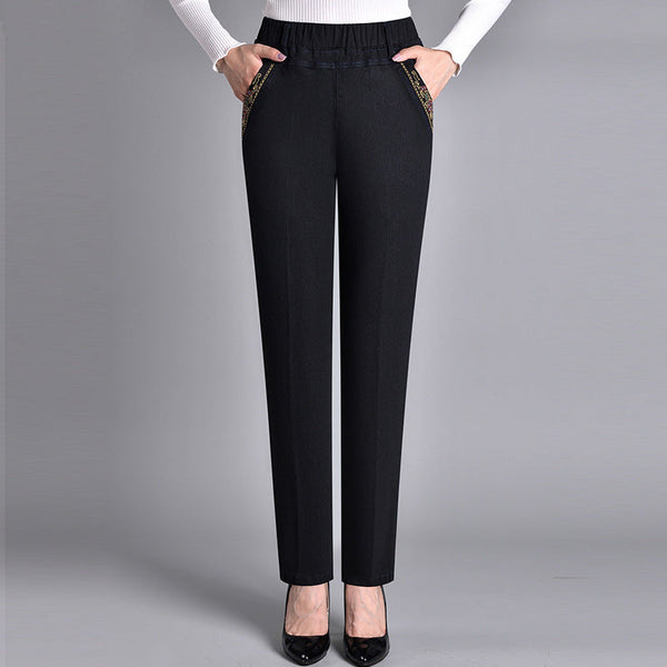 Pantalones de pierna recta para mujer con cintura elástica-Pants for Women-Casaluzia
