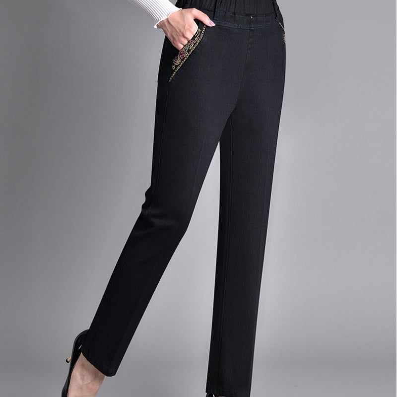 Pantalones de pierna recta para mujer con cintura elástica-Pants for Women-Casaluzia