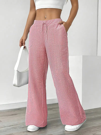 Pantalones de rayas de pierna ancha con cordón para mujer-Pants for Women-Casaluzia