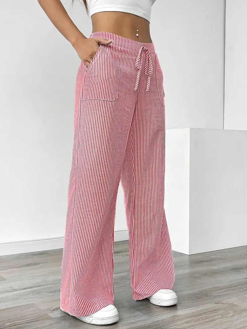 Pantalones de rayas de pierna ancha con cordón para mujer-Pants for Women-Casaluzia
