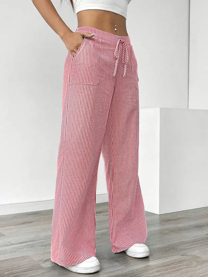 Pantalones de rayas de pierna ancha con cordón para mujer-Pants for Women-Casaluzia