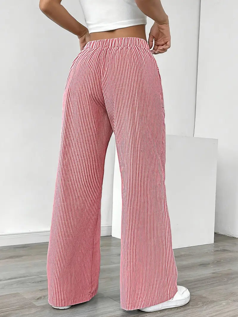 Pantalones de rayas de pierna ancha con cordón para mujer-Pants for Women-Casaluzia