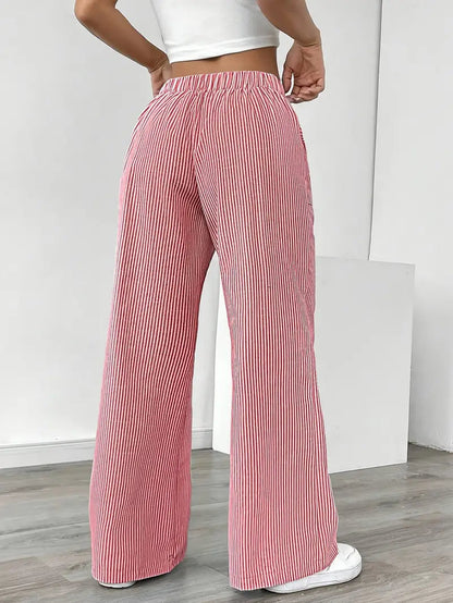 Pantalones de rayas de pierna ancha con cordón para mujer-Pants for Women-Casaluzia