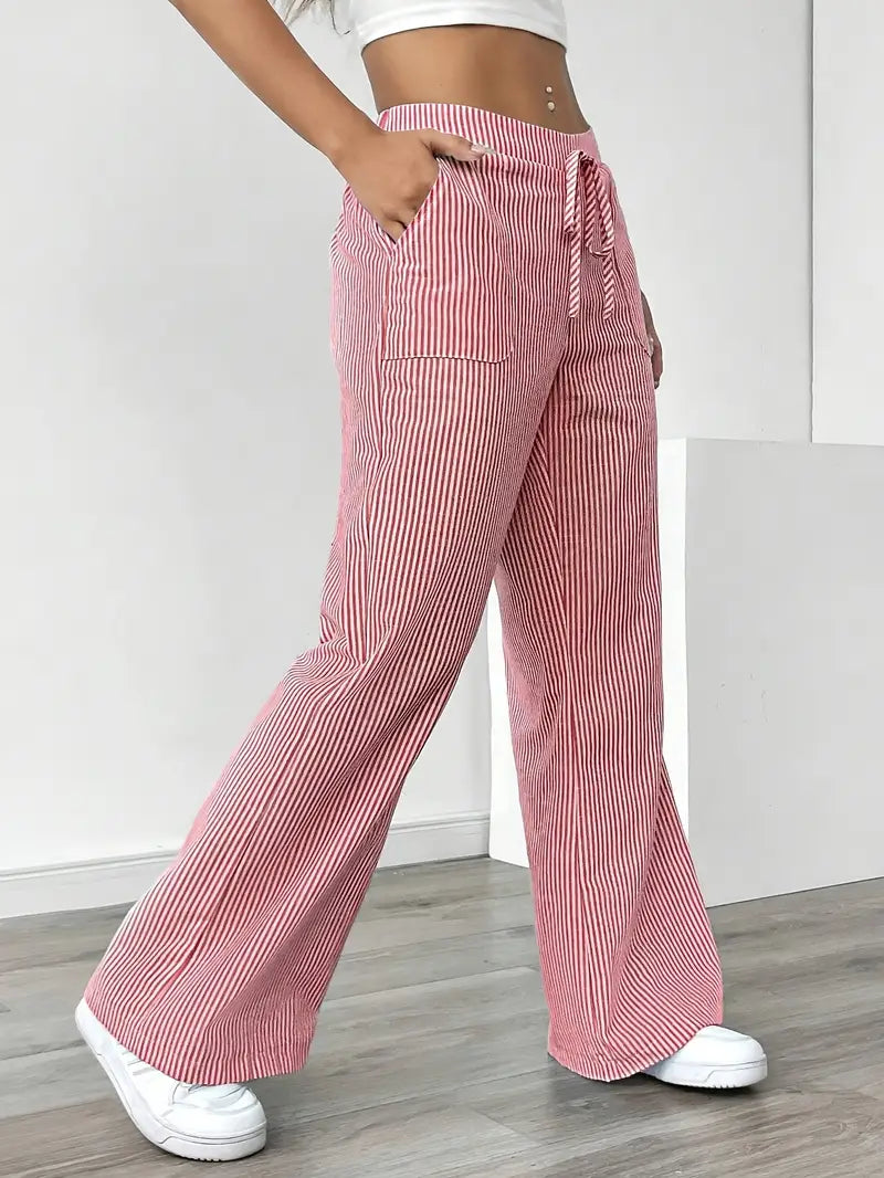 Pantalones de rayas de pierna ancha con cordón para mujer-Pants for Women-Casaluzia