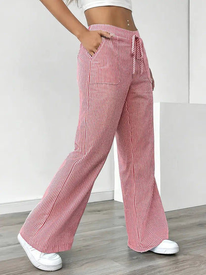 Pantalones de rayas de pierna ancha con cordón para mujer-Pants for Women-Casaluzia