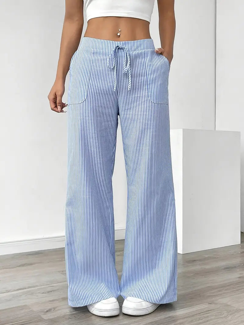 Pantalones de rayas de pierna ancha con cordón para mujer-Pants for Women-Casaluzia
