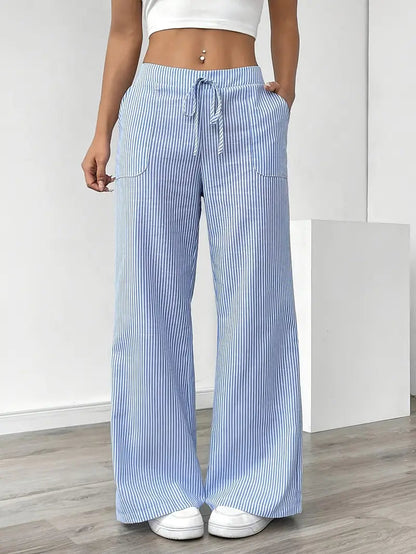 Pantalones de rayas de pierna ancha con cordón para mujer-Pants for Women-Casaluzia
