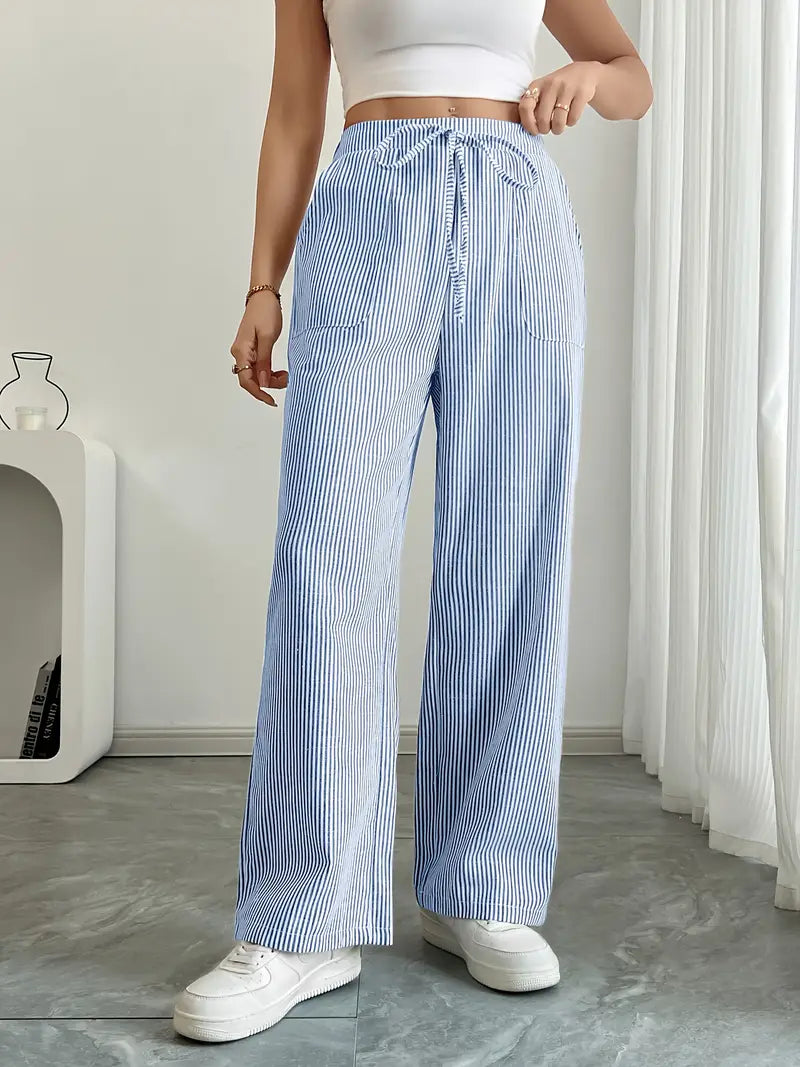 Pantalones de rayas de pierna ancha con cordón para mujer-Pants for Women-Casaluzia